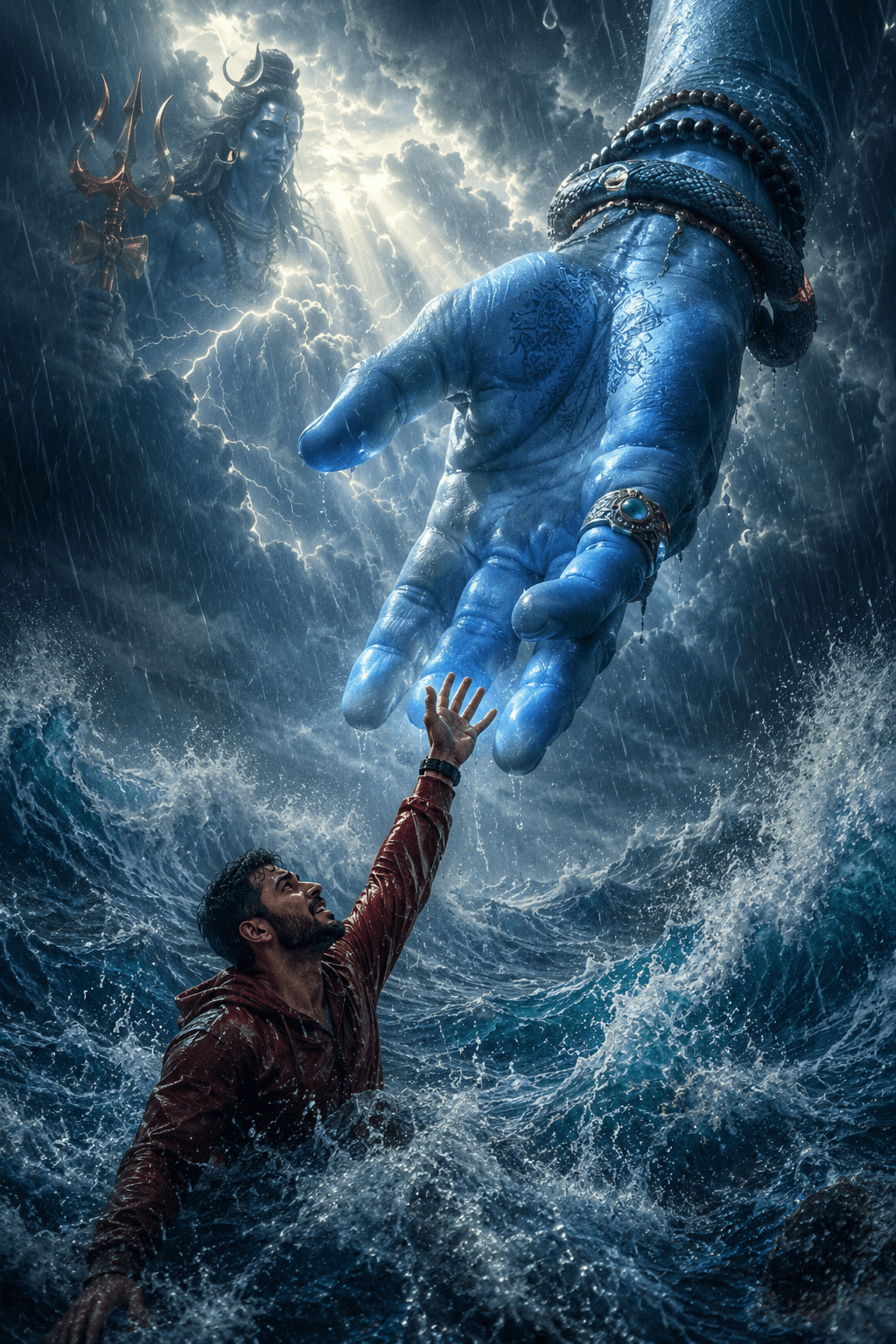 Divine Rescue in Storm Ocean AI Art Prompt | Photorealistic Hindu Fantasy Scene