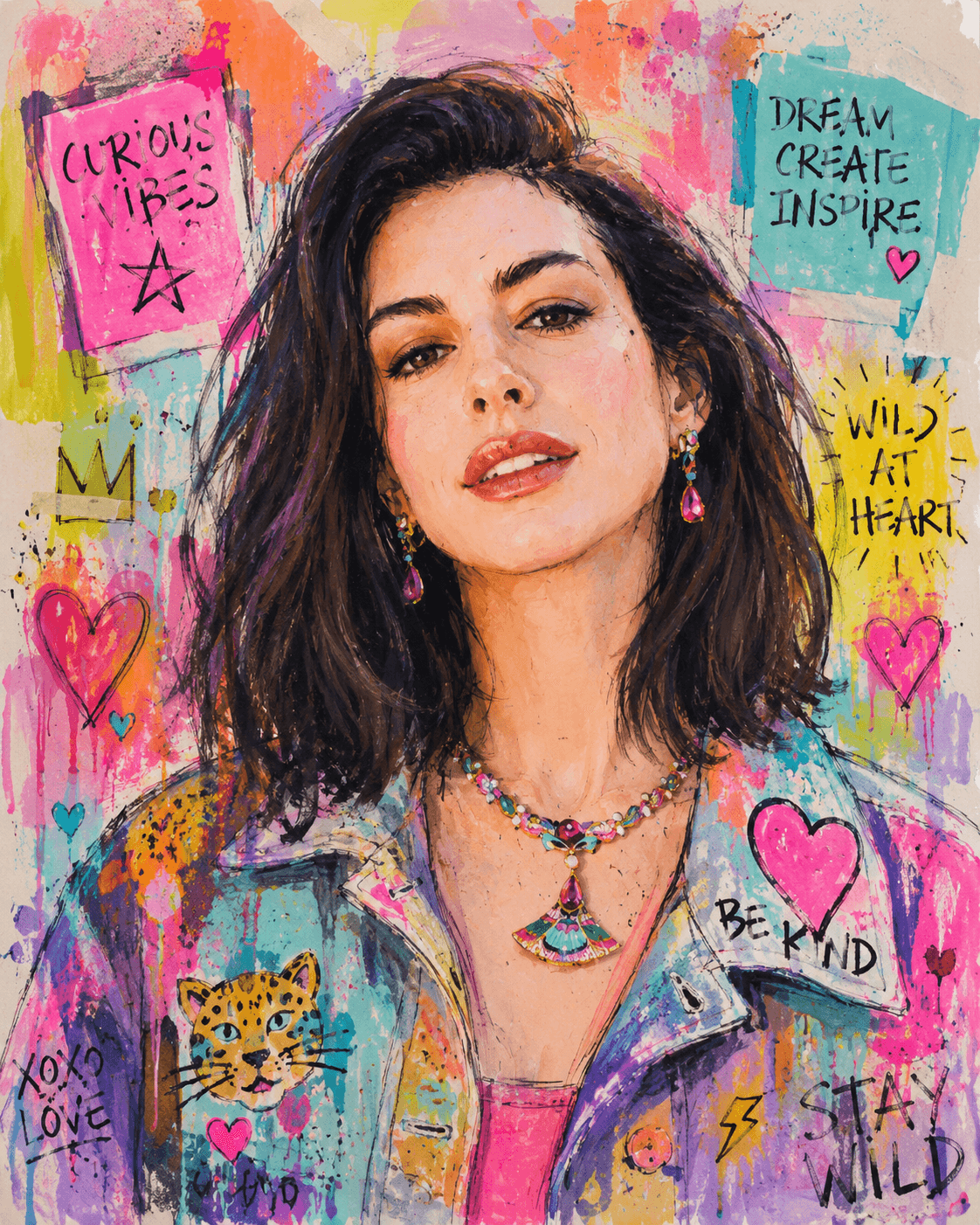 Watercolor Pop Art Portrait Prompt | Mixed Media Gouache & Graphite | Colorful Art Brut Character Illustration | AI Image Generation Prompt