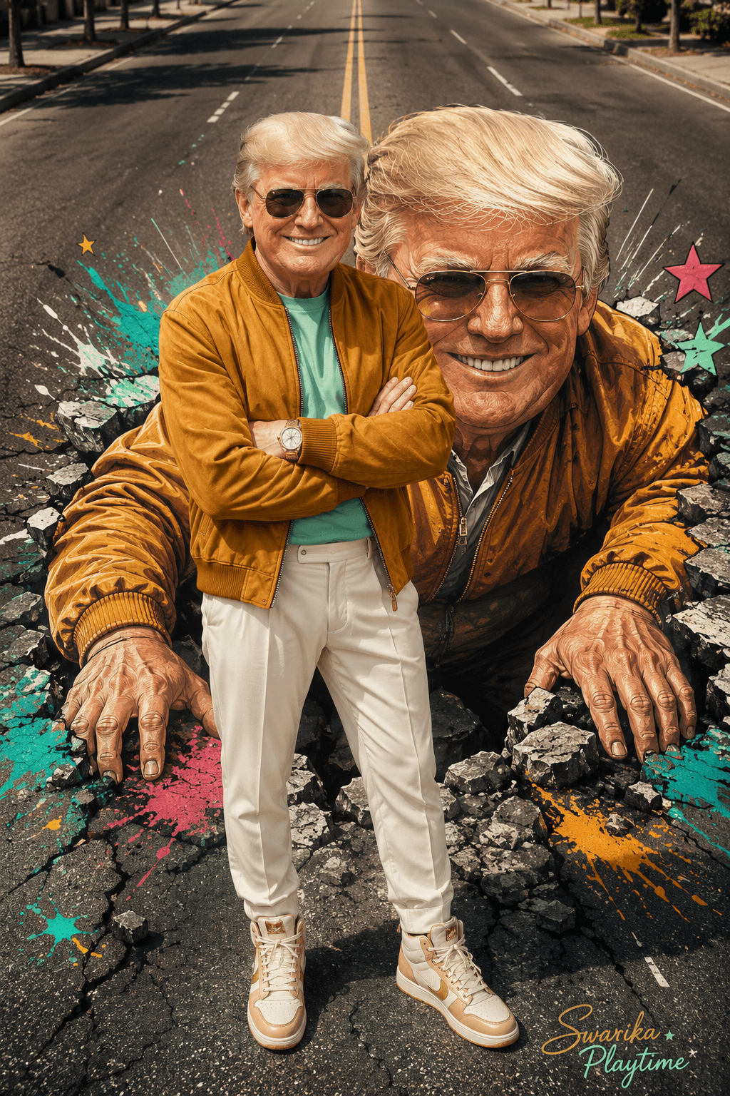 Ultra Realistic 3D Street Art Illusion Portrait Prompt | Giant Pavement Mural Fashion Photo Effect