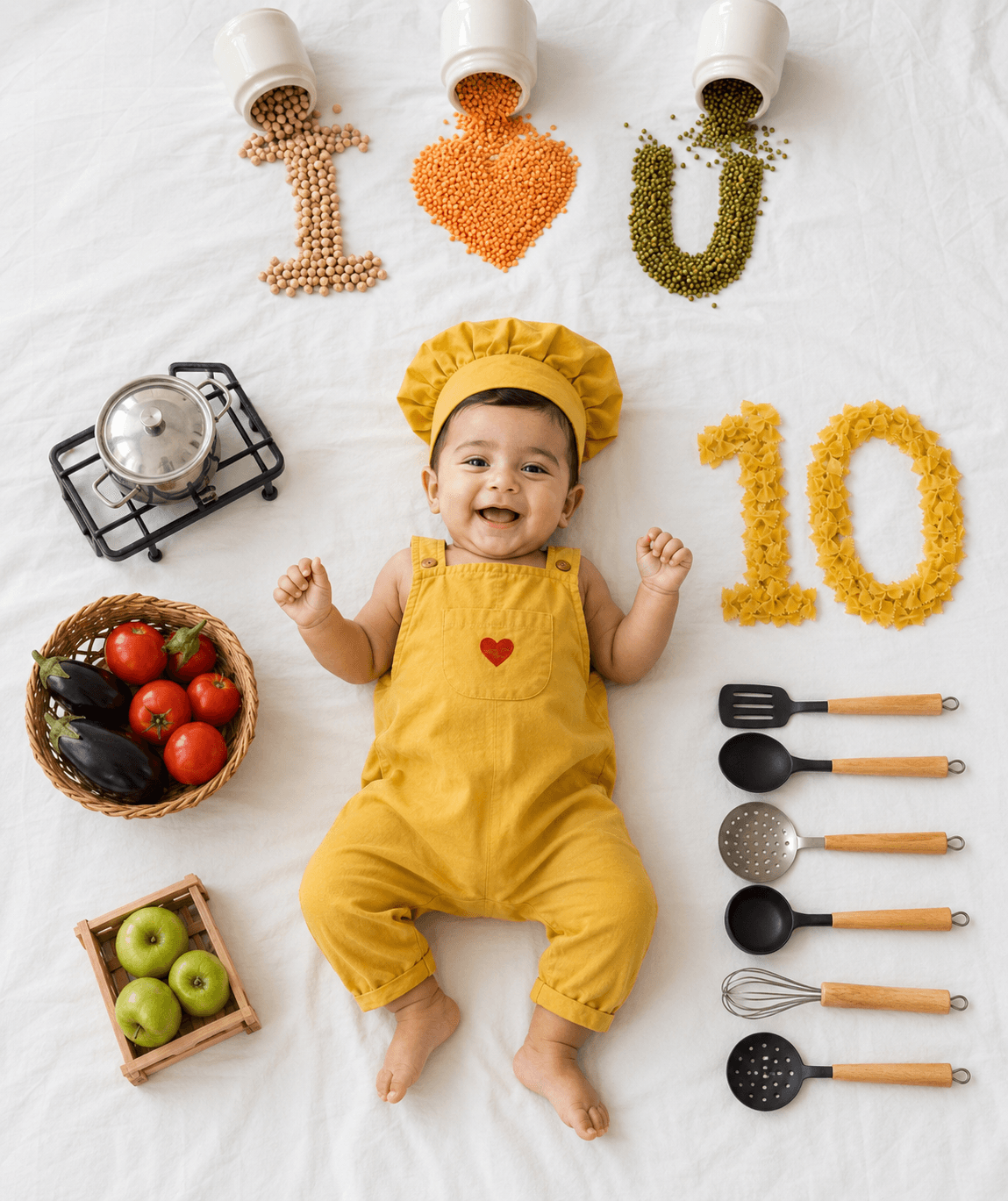 10 Month Baby Chef Milestone Flat Lay Prompt | Adorable Kitchen Theme Baby Photoshoot in 8K