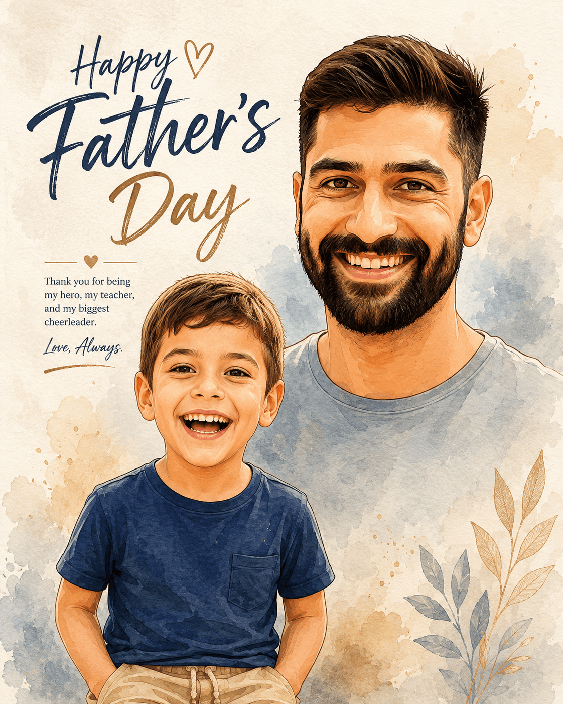Premium Father's Day Poster Prompt | Watercolor + Vector Portrait Design with Father & Son
