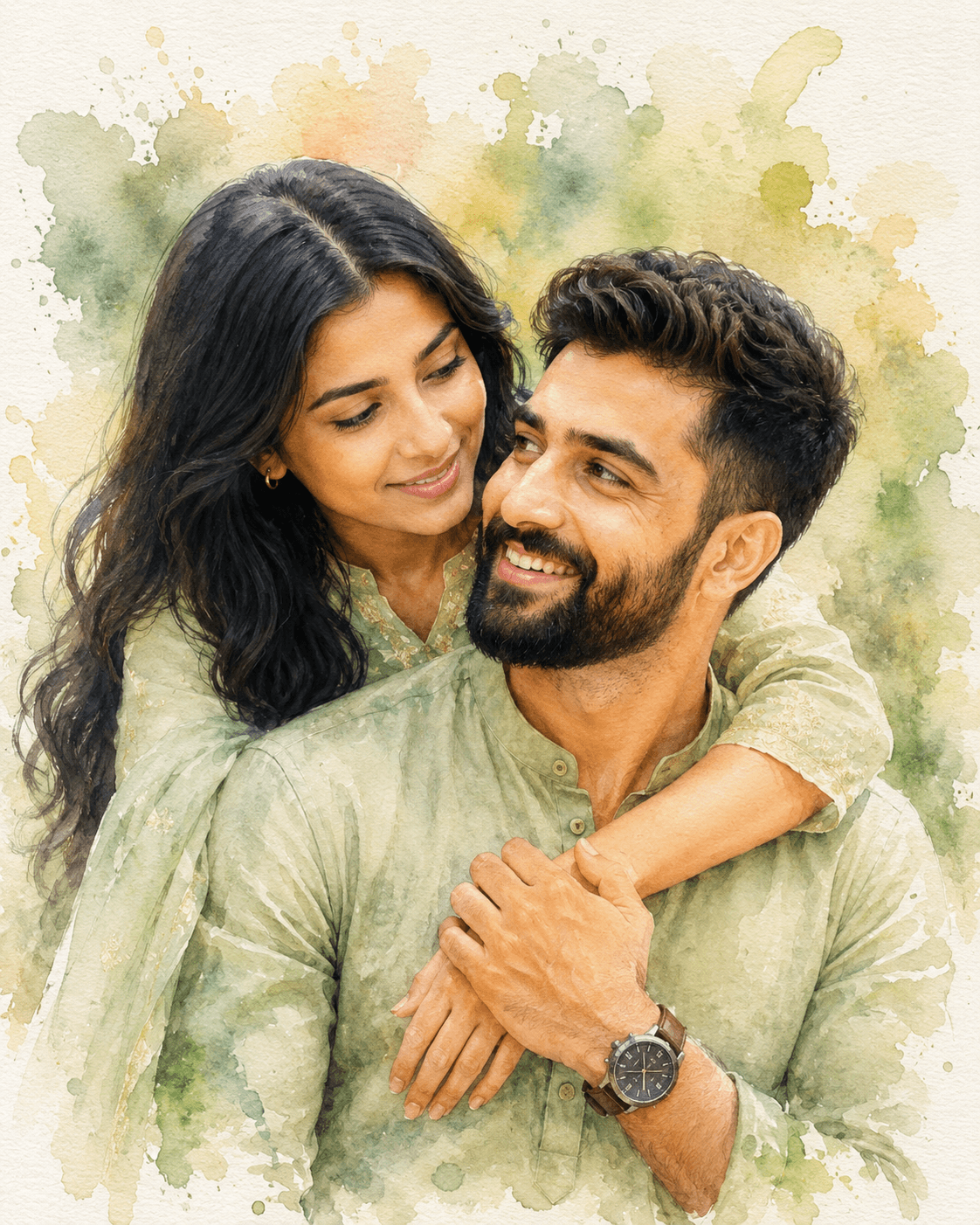 Romantic Indian Couple Watercolor Portrait Prompt | Soft Pastel AI Art Prompt
