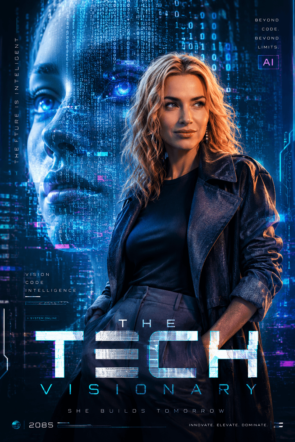 Futuristic AI Tech Visionary Poster Prompt | Cinematic Cyberpunk Editorial Portrait | Ultra Realistic 8K AI Art Prompt