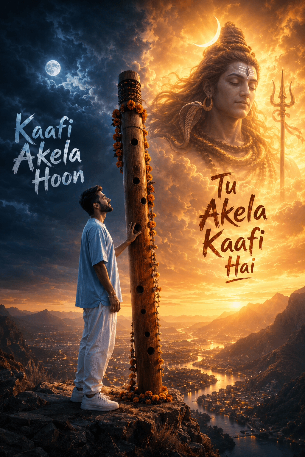 Cinematic Lord Shiva Spiritual Fantasy Poster Prompt | Dual Sky Divine Artwork | Ultra Realistic 8K AI Image Prompt
