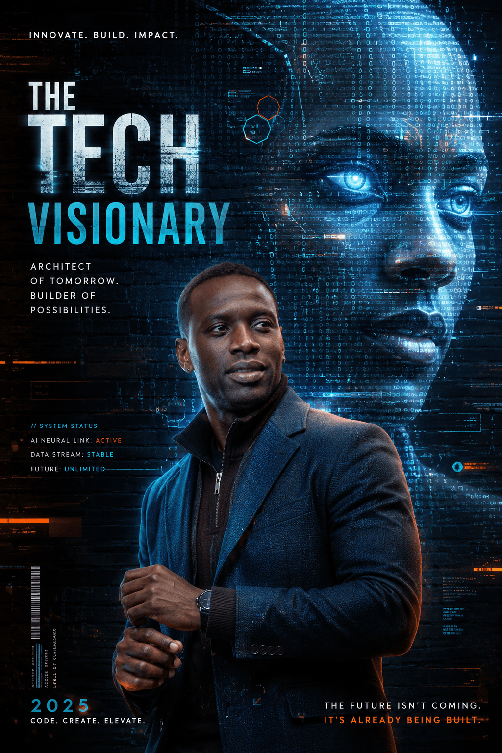 The Tech Visionary AI Poster Prompt | Futuristic Cyberpunk Editorial Portrait | Cinematic AI Technology Campaign | Midjourney, ChatGPT & Flux Prompt