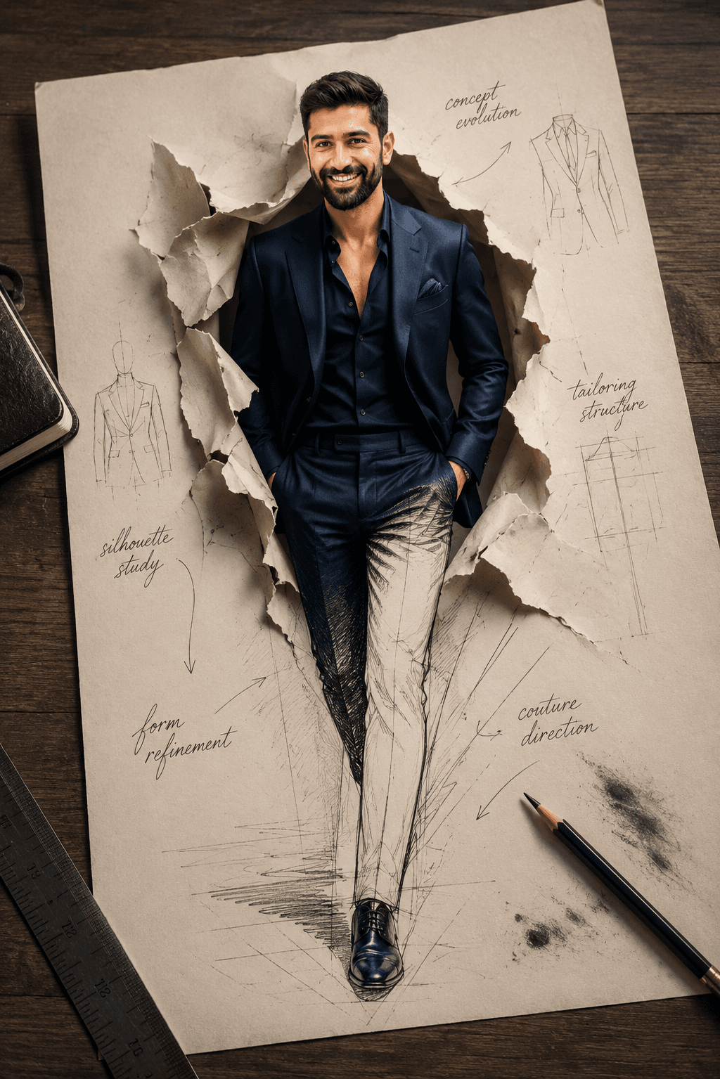 Concept-to-Couture Fashion Editorial AI Prompt | Identity Preserving Torn Paper Effect | Photorealistic Luxury Fashion Portrait — AI prompt result