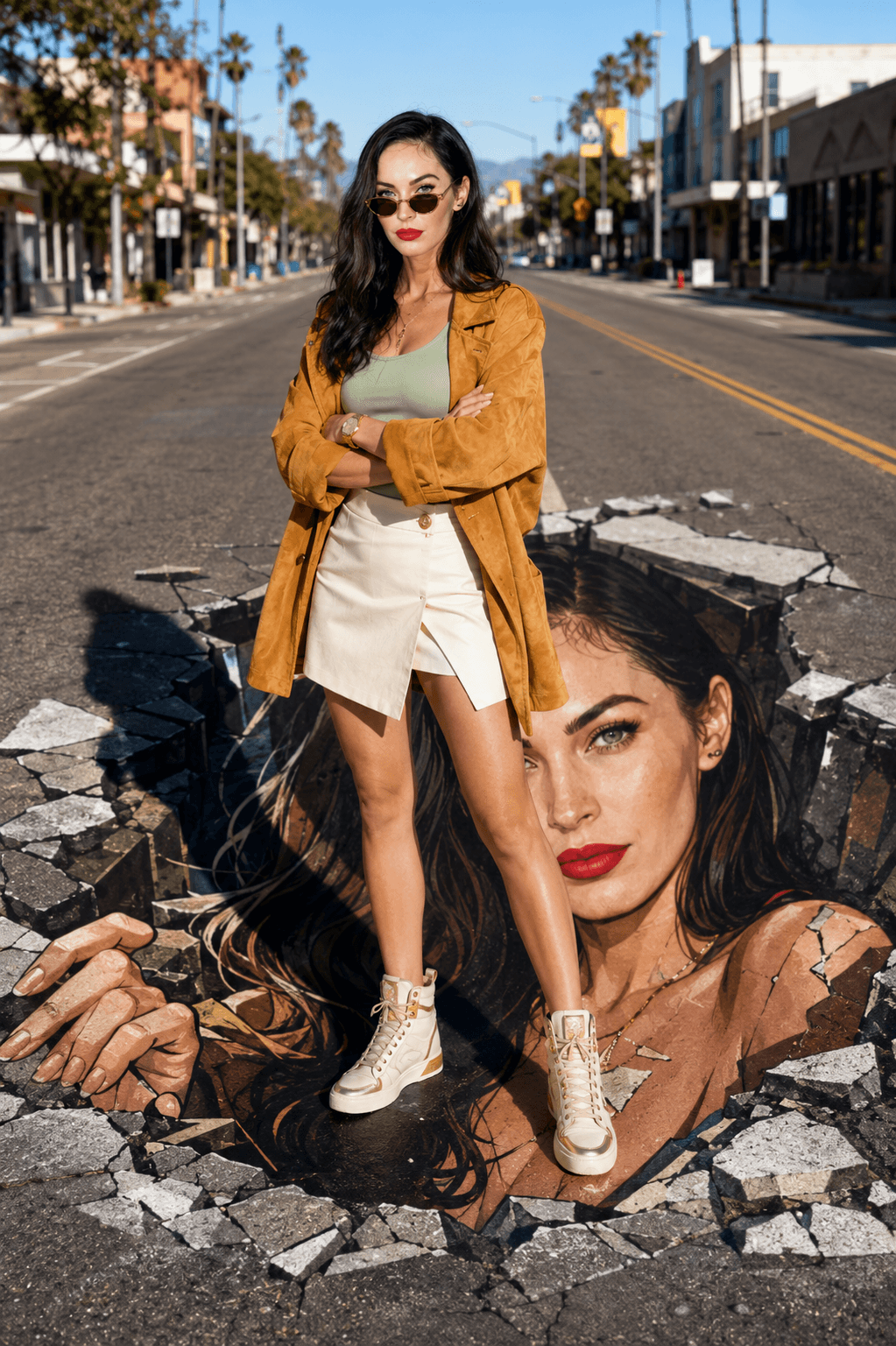 Ultra Realistic 3D Street Art Illusion Fashion Portrait Prompt | Giant Anime Pavement Art Effect