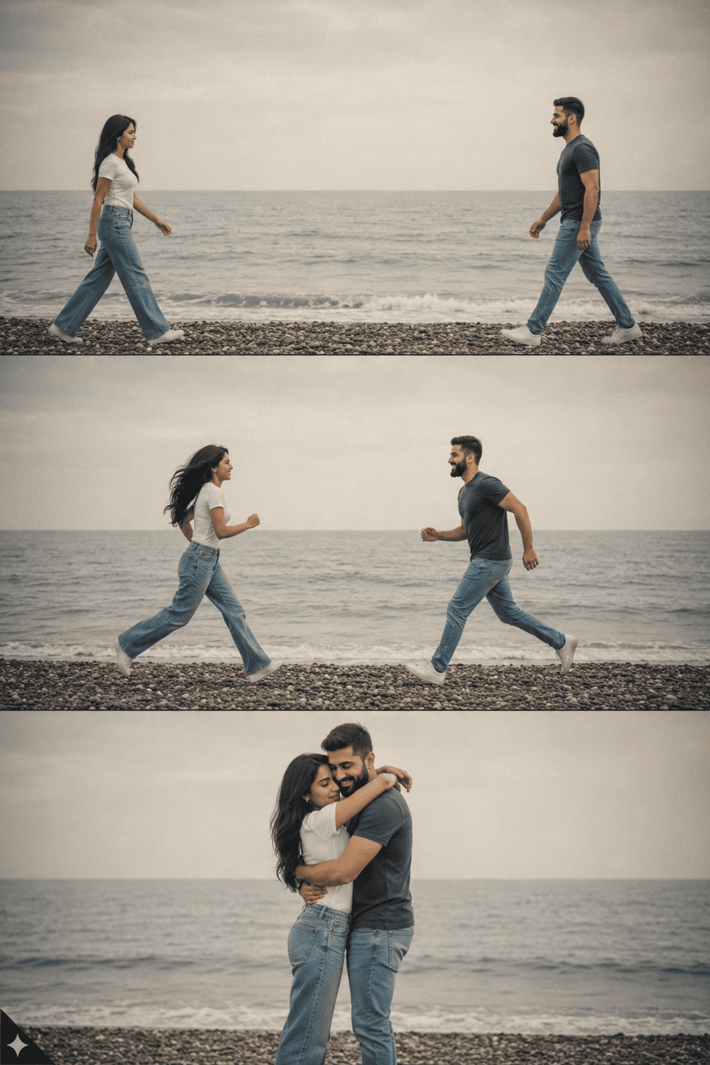 Photorealistic Romantic Beach Story Collage Prompt | 3-Panel Cinematic Couple AI Photo Prompt