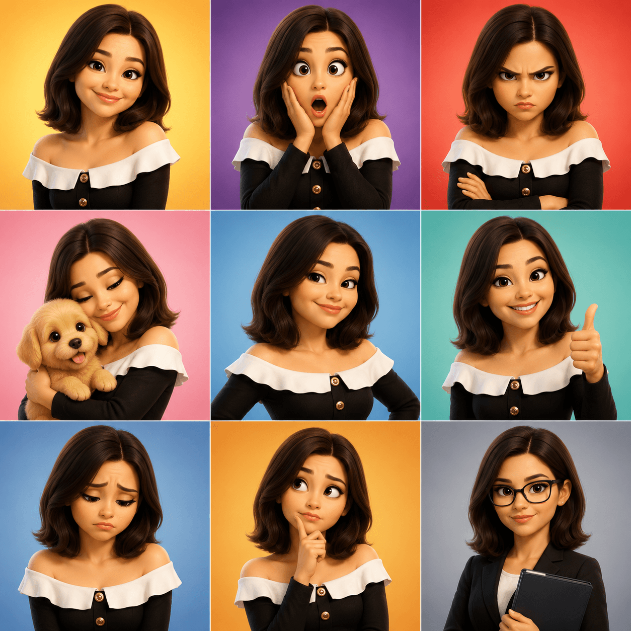 3D Cartoon Avatar Emotion Sheet Prompt | Pixar Style AI Character | 9 Expressions 3x3 Grid | ChatGPT & AI Image Generator Prompt — AI prompt result
