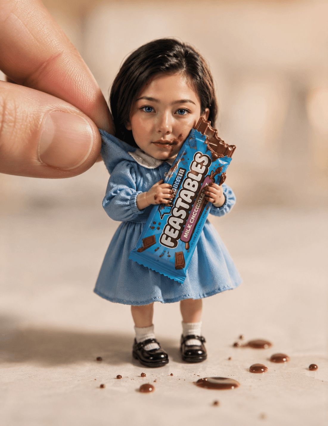 Premium Collectible Doll AI Prompt | Hyper Realistic Miniature Feastables Chocolate Scene