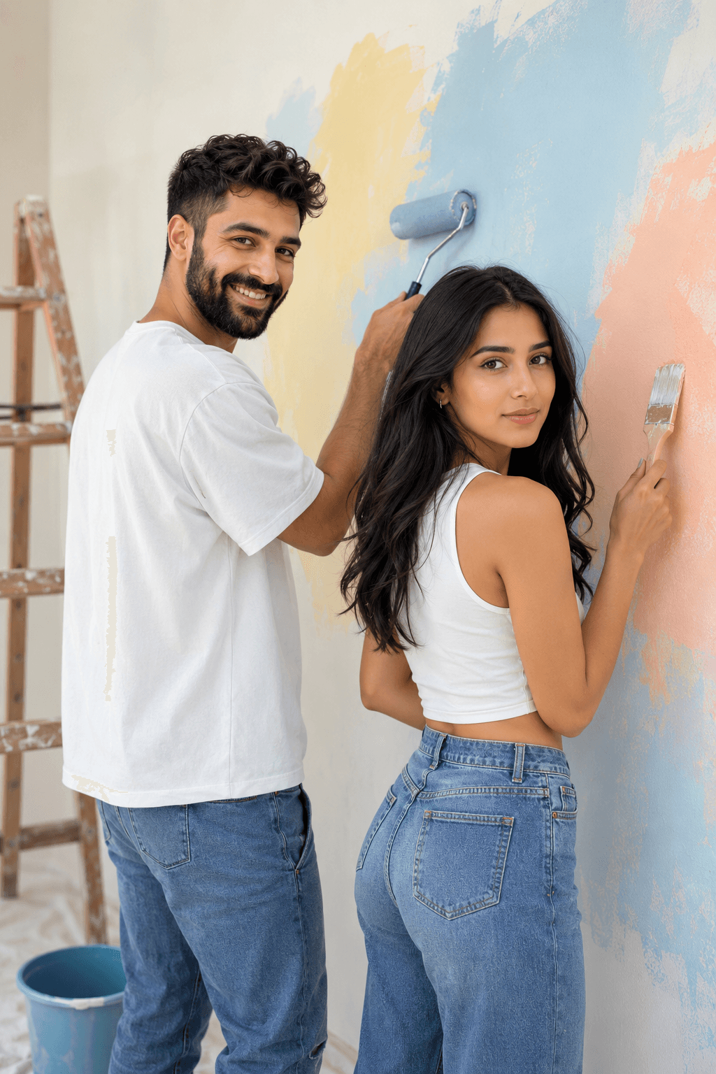 Romantic Couple Painting Wall Prompt | Photorealistic DIY Scene AI Image Prompt (8K, Soft Pastel Aesthetic)
