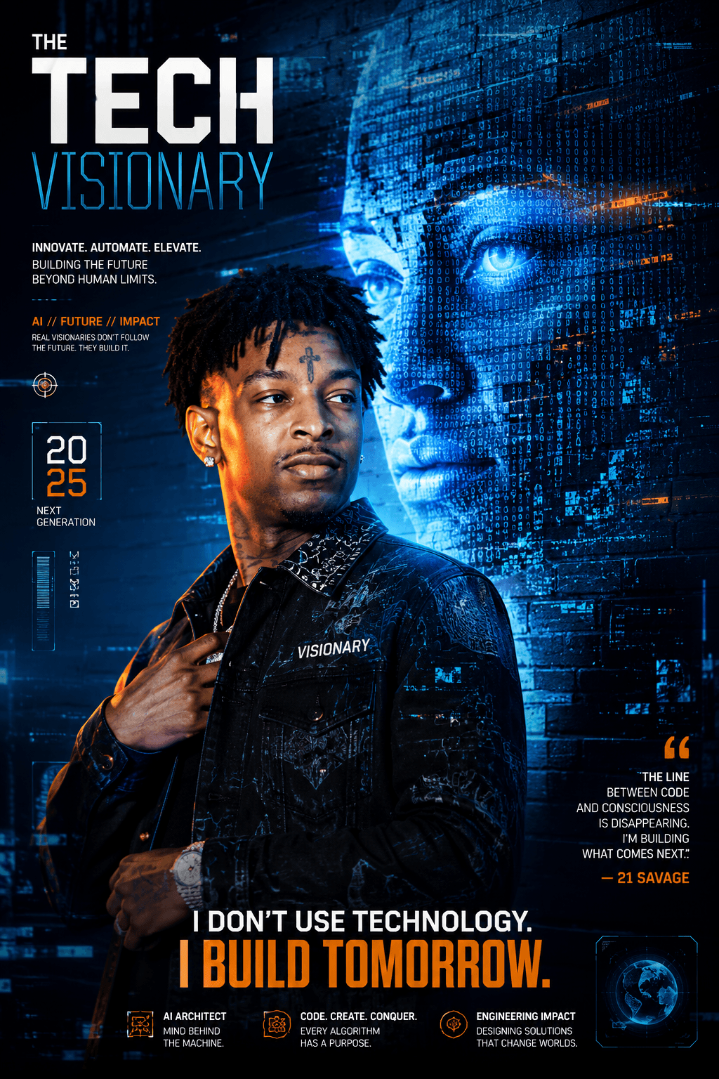 The Tech Visionary AI Poster Prompt | Futuristic Cyberpunk Editorial Character Design | 8K Cinematic AI Art Prompt