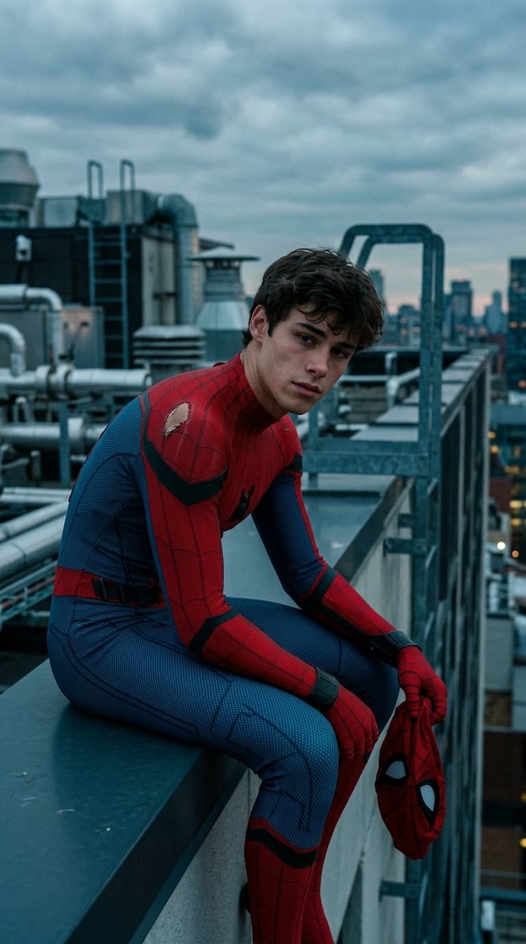 Ultra Realistic Superhero Rooftop Portrait Prompt | Cinematic Spider Suit AI Photo with Face Reference — AI prompt result