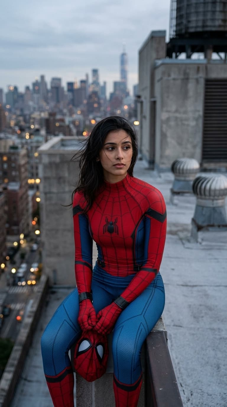 Photorealistic Superhero Rooftop Portrait Prompt with Face Reference | Cinematic Spider Suit Film Still — AI prompt result