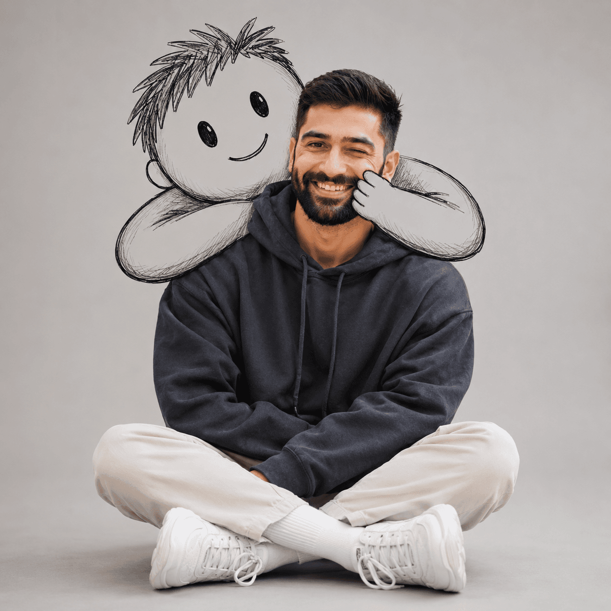 Premium Photorealistic Minimalist Portrait with Cute Doodle Hug | AI Photo Editing Prompt | Editorial Studio Portrait | ChatGPT & Image Generator Prompt — AI prompt result