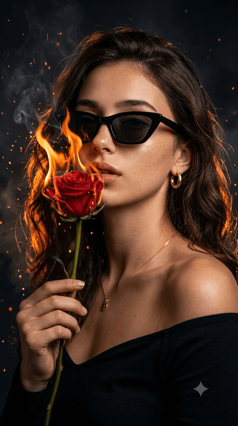 Cinematic Fiery Rose Editorial Portrait | AI Image Prompt — AI prompt result