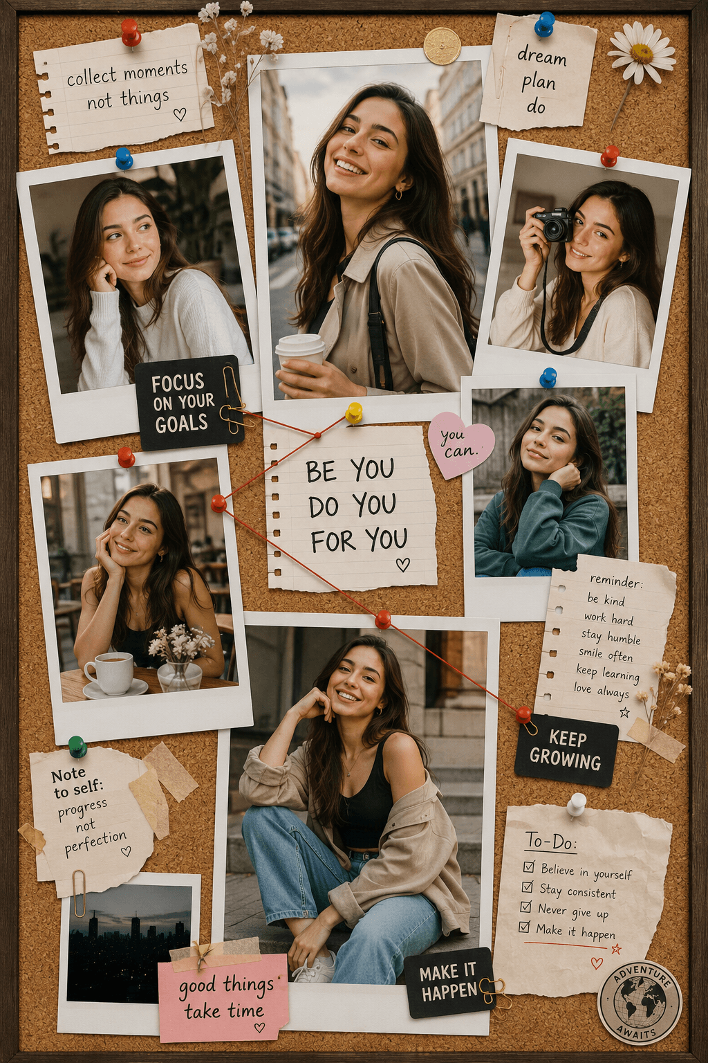 Polaroid Pinboard Photo Collage Poster Prompt | Ultra-Realistic Cinematic Mood Board AI Prompt — AI prompt result