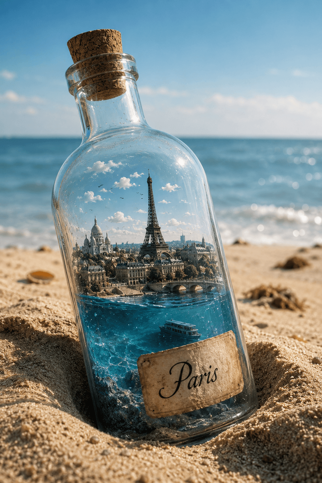 Hyper Realistic Glass Bottle Miniature City Poster Prompt | AI Travel Bottle Scene | Photorealistic Beach Diorama | Midjourney, ChatGPT & Flux — AI prompt result