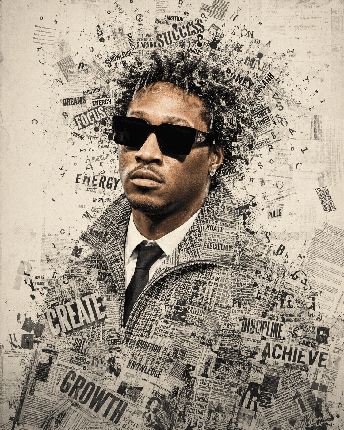 AI Typography Portrait Prompt | Newspaper Collage Mixed Media Art | Black & White Editorial Poster | Ultra Realistic Text Face | Midjourney, ChatGPT & Flux — AI prompt result