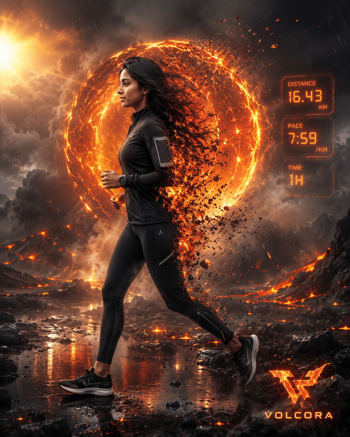 AI Runner Fire Portal Transformation Prompt | Hyper-Realistic Volcanic Cinematic Portrait | Flux, Midjourney & GPT Image Generator — AI prompt result