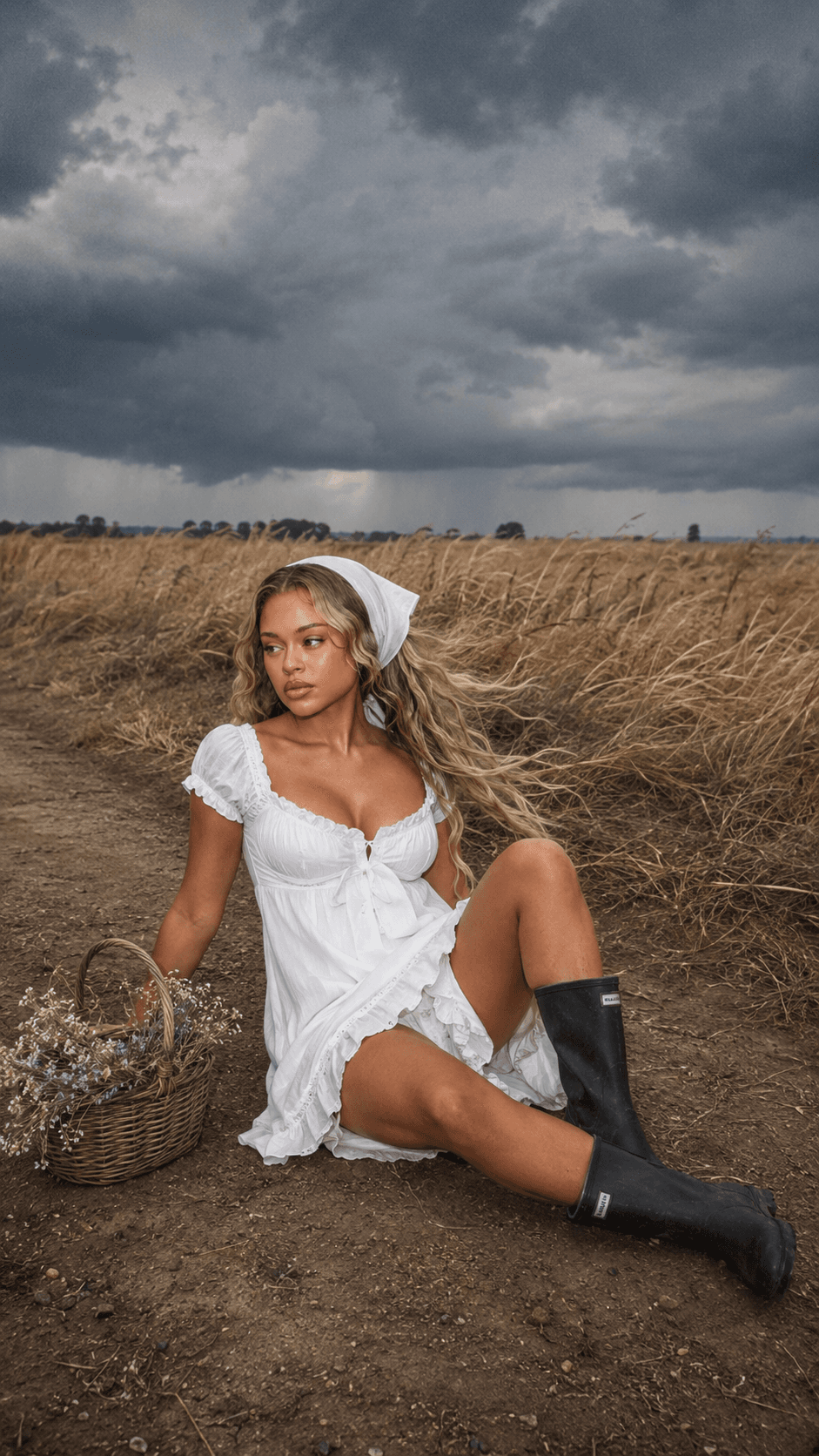 Ultra Realistic Storm Countryside Fashion Photo Prompt | Cinematic G7X AI Image Prompt | Full Body Rural Portrait — AI prompt result