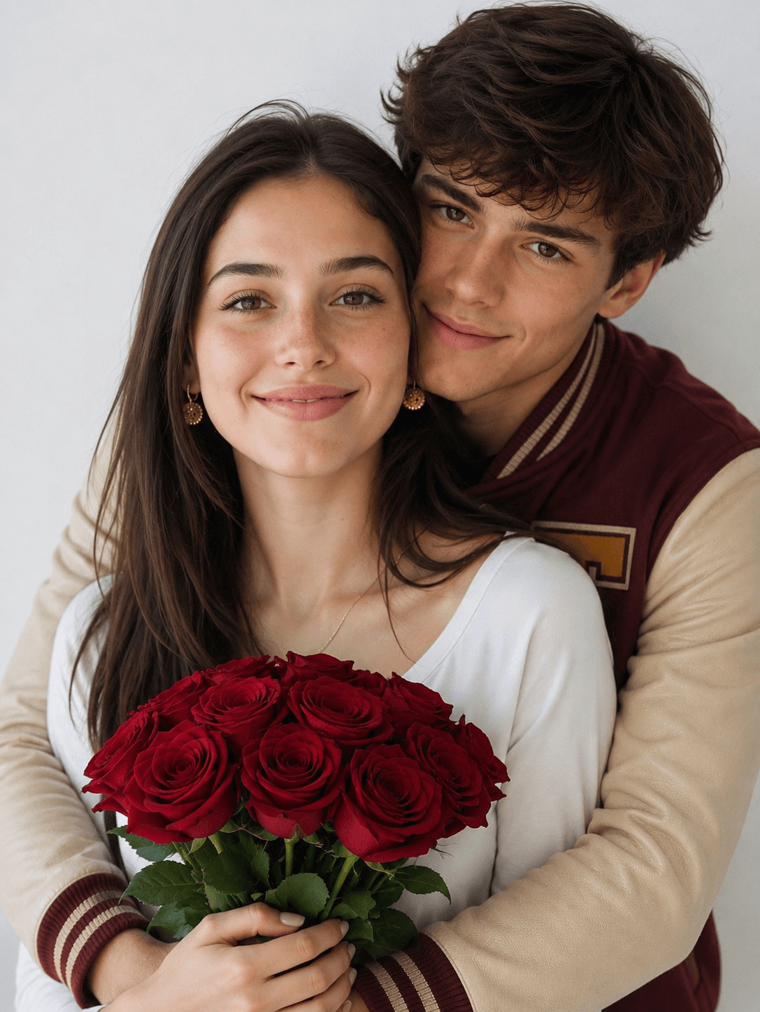 Romantic Couple Hug AI Photo Prompt | Realistic Rose Bouquet Portrait — AI prompt result