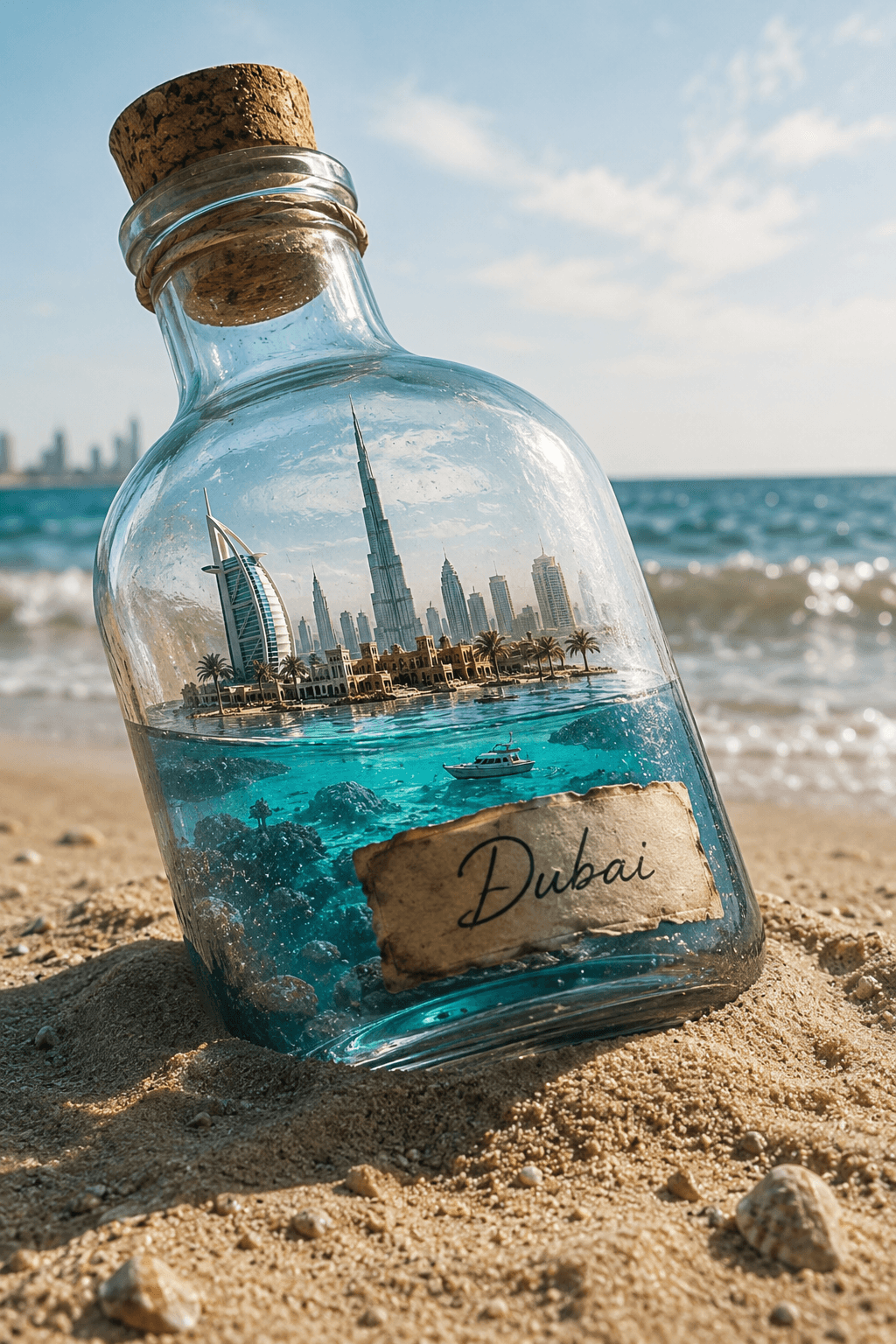 Hyper Realistic Miniature City in Glass Bottle AI Image Prompt | Dubai Beach Bottle Poster | Midjourney, ChatGPT & Flux — AI prompt result