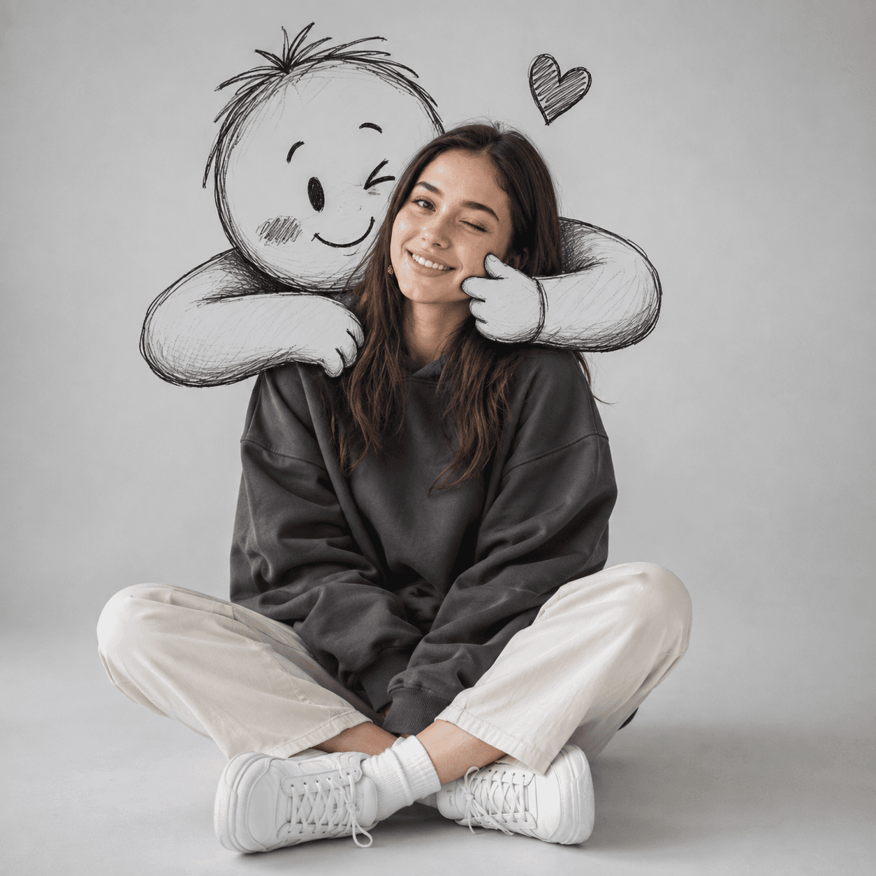 Premium Photorealistic Doodle Hug Portrait Prompt | Minimalist Studio AI Photo Prompt (Flux, Midjourney, ChatGPT, SDXL) — AI prompt result