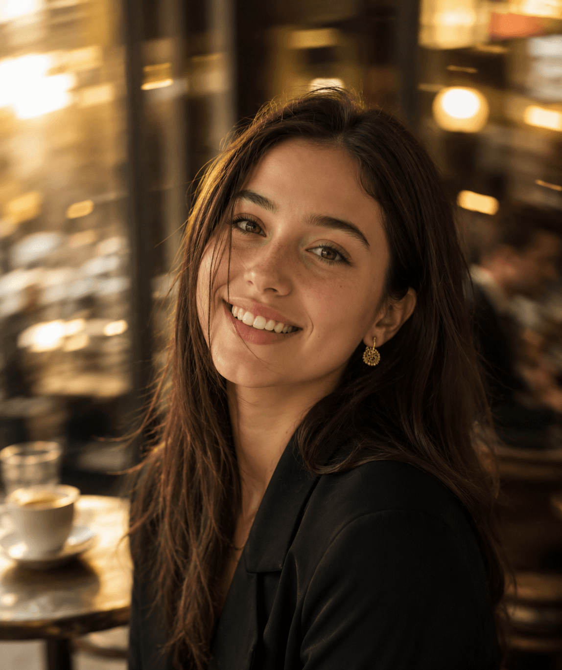 Dreamy Cinematic Café Portrait Prompt | Golden Hour Motion Blur | Ultra Realistic AI Photo Prompt — AI prompt result