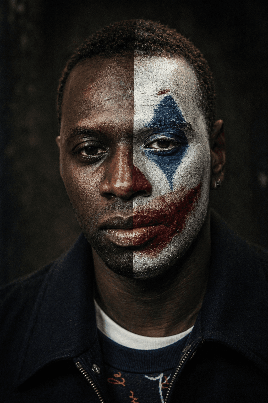 Half Face Joker Transformation Portrait Prompt | Cinematic Psychological Clown Makeup AI Photo Prompt — AI prompt result