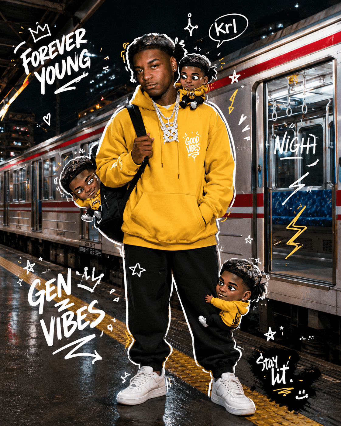 AI Mixed Media Streetwear Portrait Prompt | Hyper Realistic + 3D Chibi Character | Train Station Night | Gen Z Doodle Art — AI prompt result