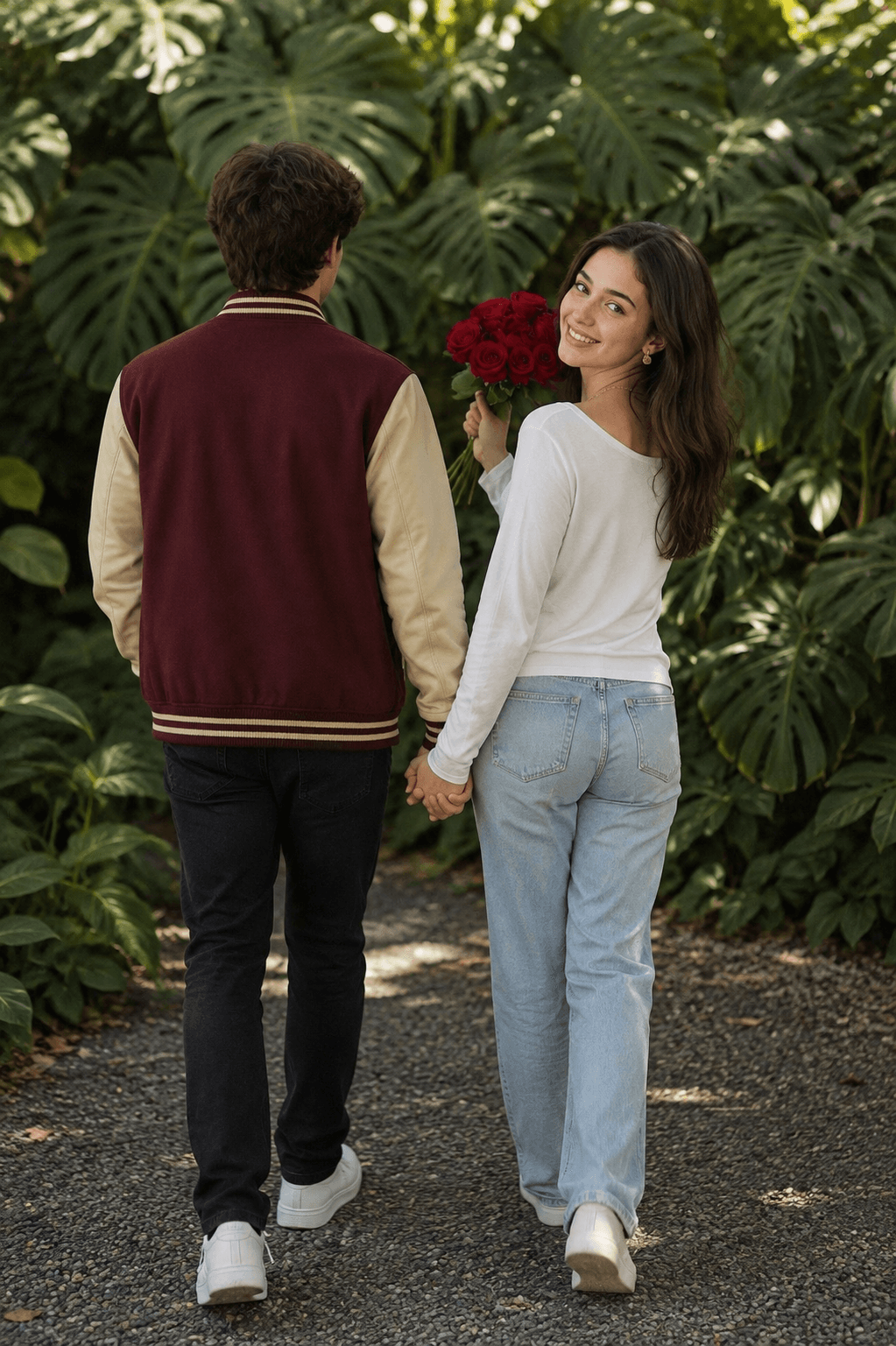 Romantic Couple Walking Away AI Photo Prompt | Monstera Garden & Red Roses — AI prompt result
