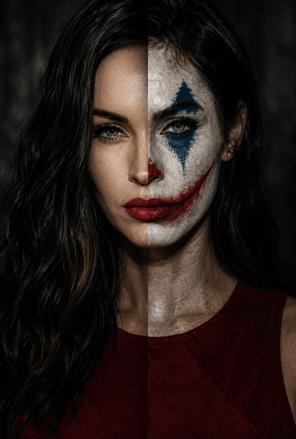 Cinematic Joker Split Face AI Prompt | Dual Personality Portrait | Hyper Realistic Psychological Clown Makeup | Midjourney, ChatGPT & Flux — AI prompt result