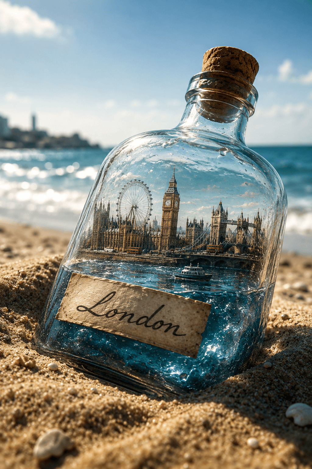 Hyperrealistic Miniature City in Glass Bottle AI Image Prompt | Beach Poster, Photorealistic 3D Diorama, Midjourney, ChatGPT & Flux — AI prompt result