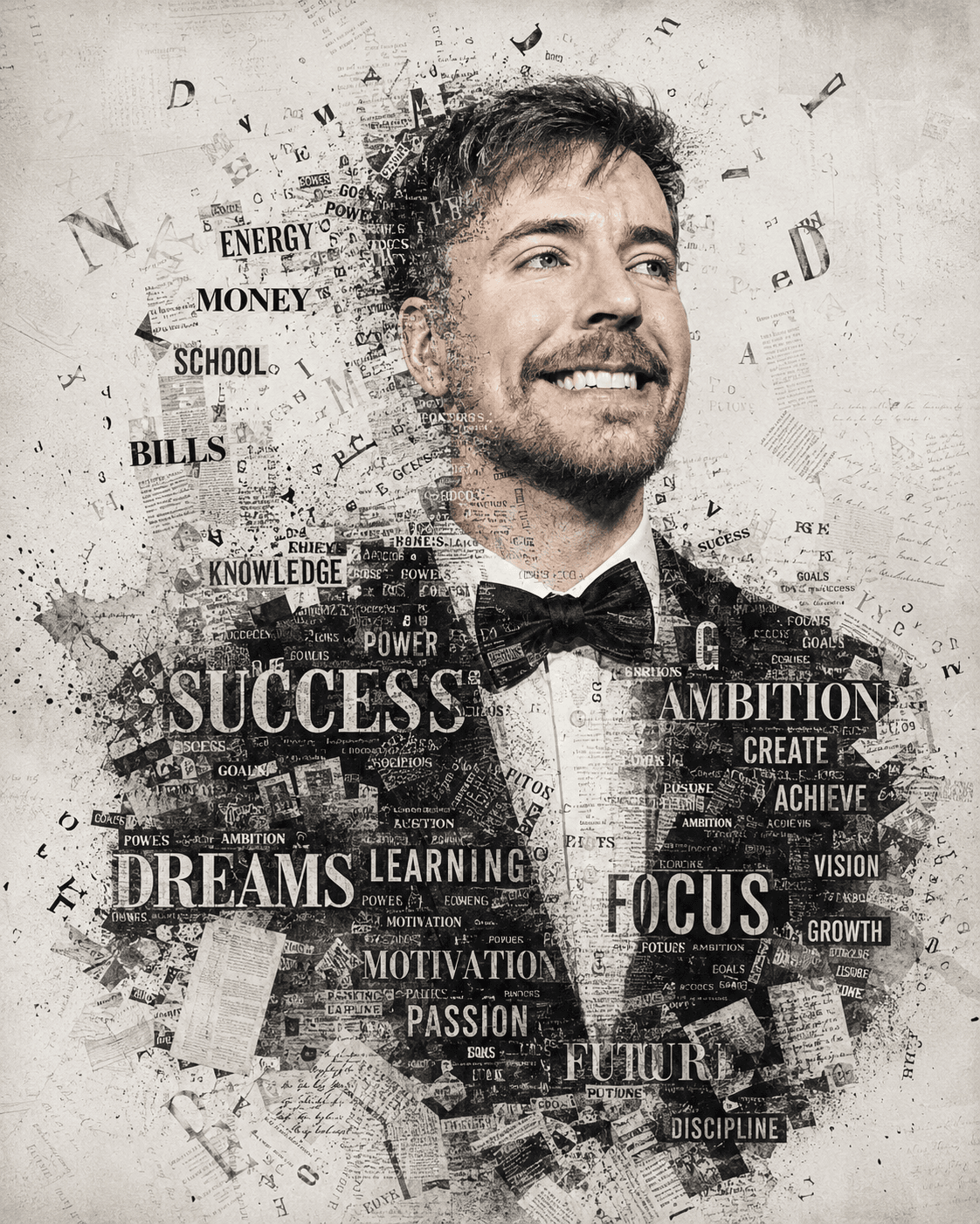Ultra Realistic Typography Portrait Prompt | Newspaper Collage Mixed Media AI Art | Black & White Editorial Poster | Midjourney, FLUX & ChatGPT Image Generator — AI prompt result