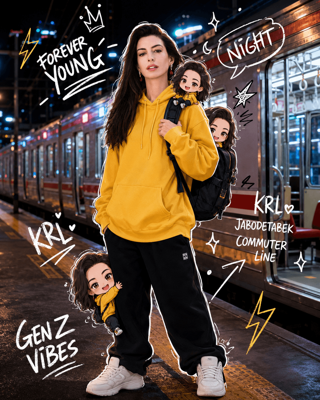 AI Mixed Media Streetwear Portrait Prompt | KRL Train Station, Chibi Characters & Doodle Art Style — AI prompt result