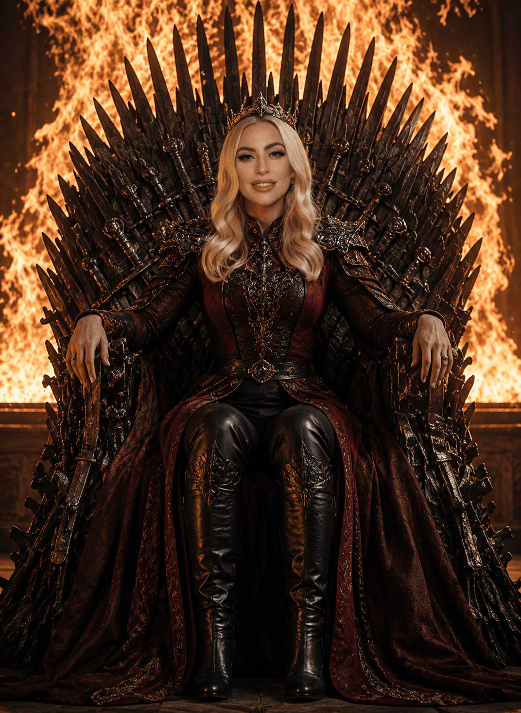 Iron Throne Queen AI Prompt | Cinematic Fantasy Royal Portrait | Ultra Realistic Medieval Fire Scene | Midjourney, ChatGPT & FLUX — AI prompt result