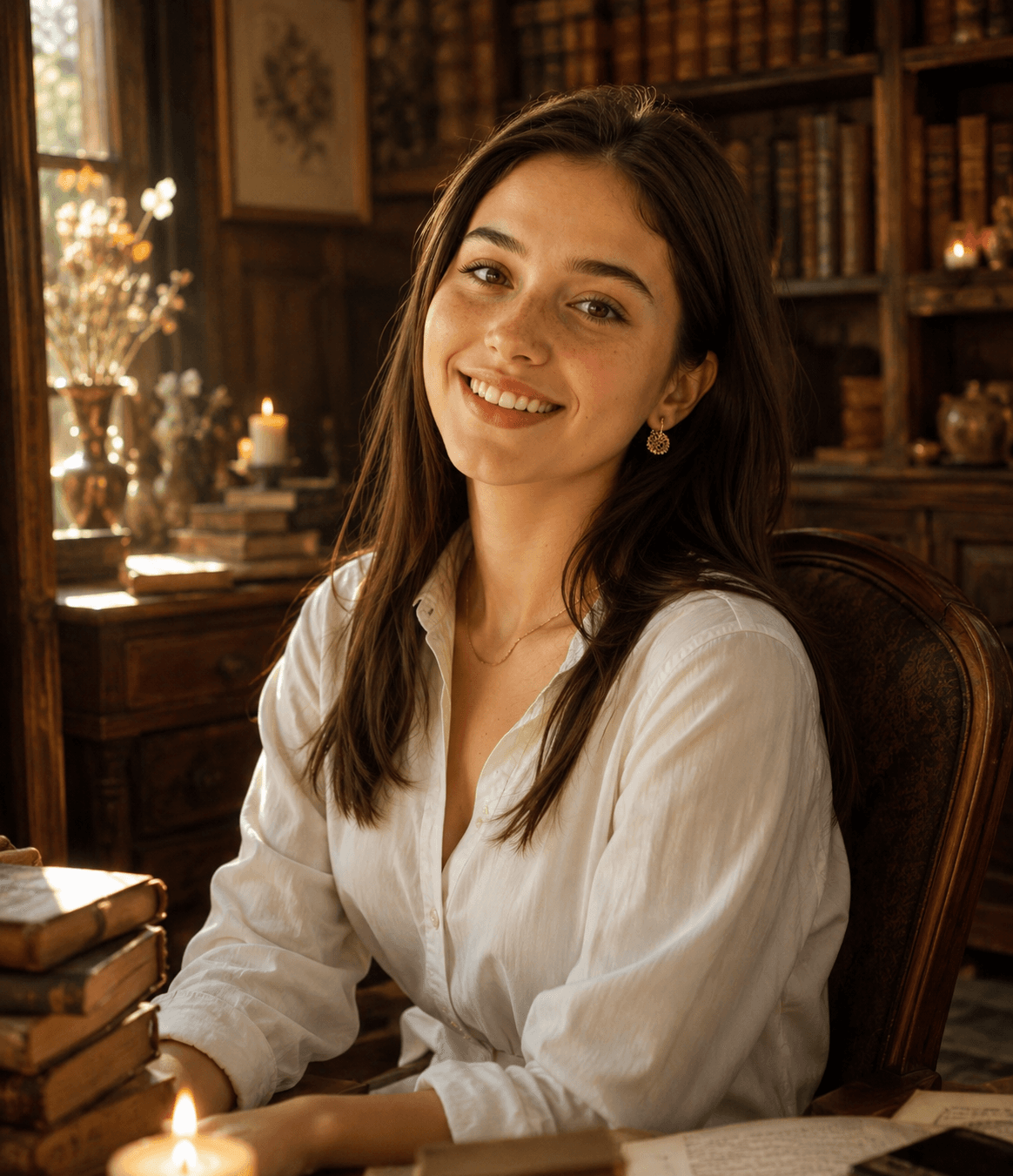 Vintage Reading Room Portrait Prompt | Cozy Library Editorial AI Photo Prompt | Ultra Realistic Character Scene — AI prompt result