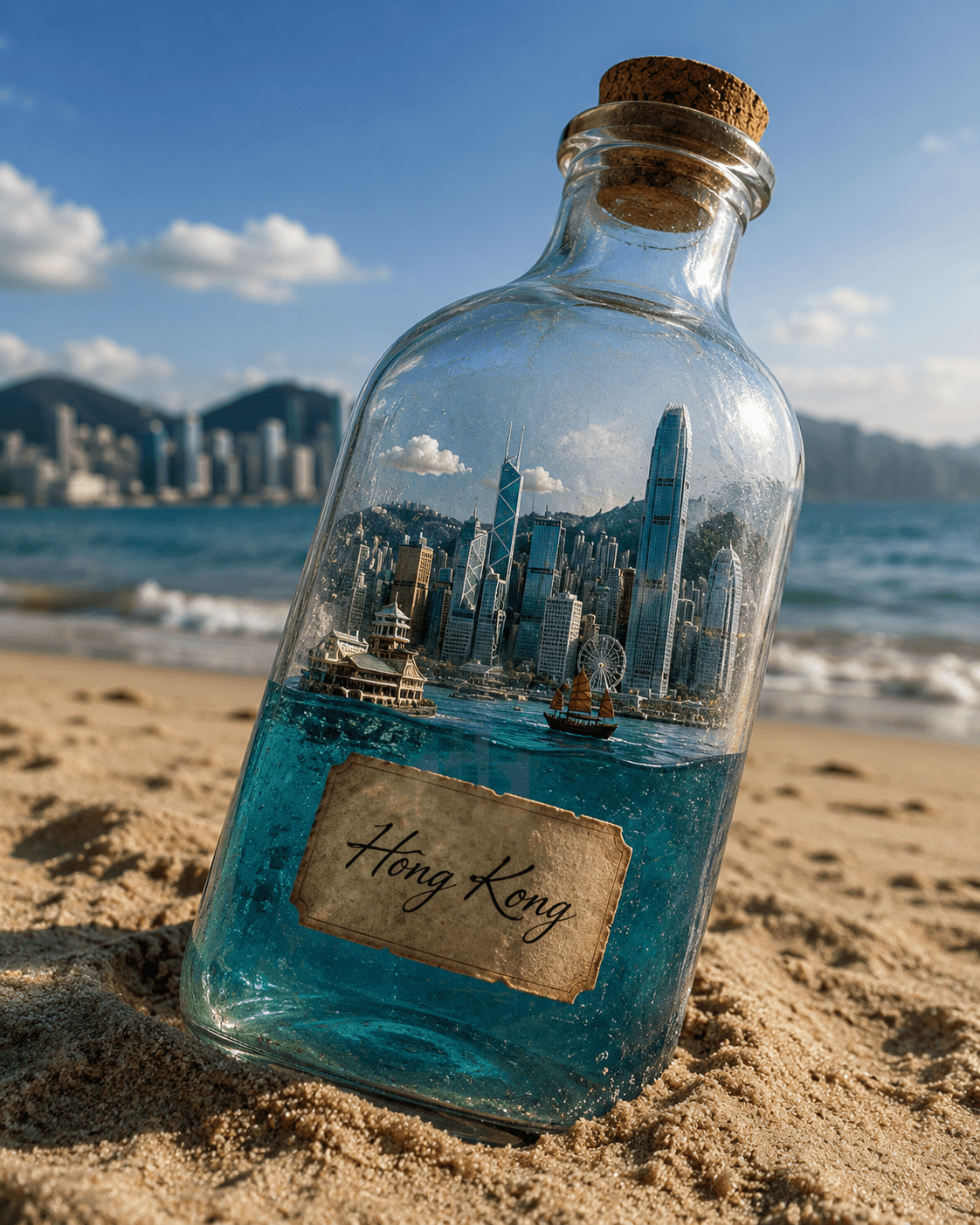 Hyper Realistic Glass Bottle Miniature City AI Image Prompt | Hong Kong in a Bottle | Midjourney, ChatGPT & Flux — AI prompt result