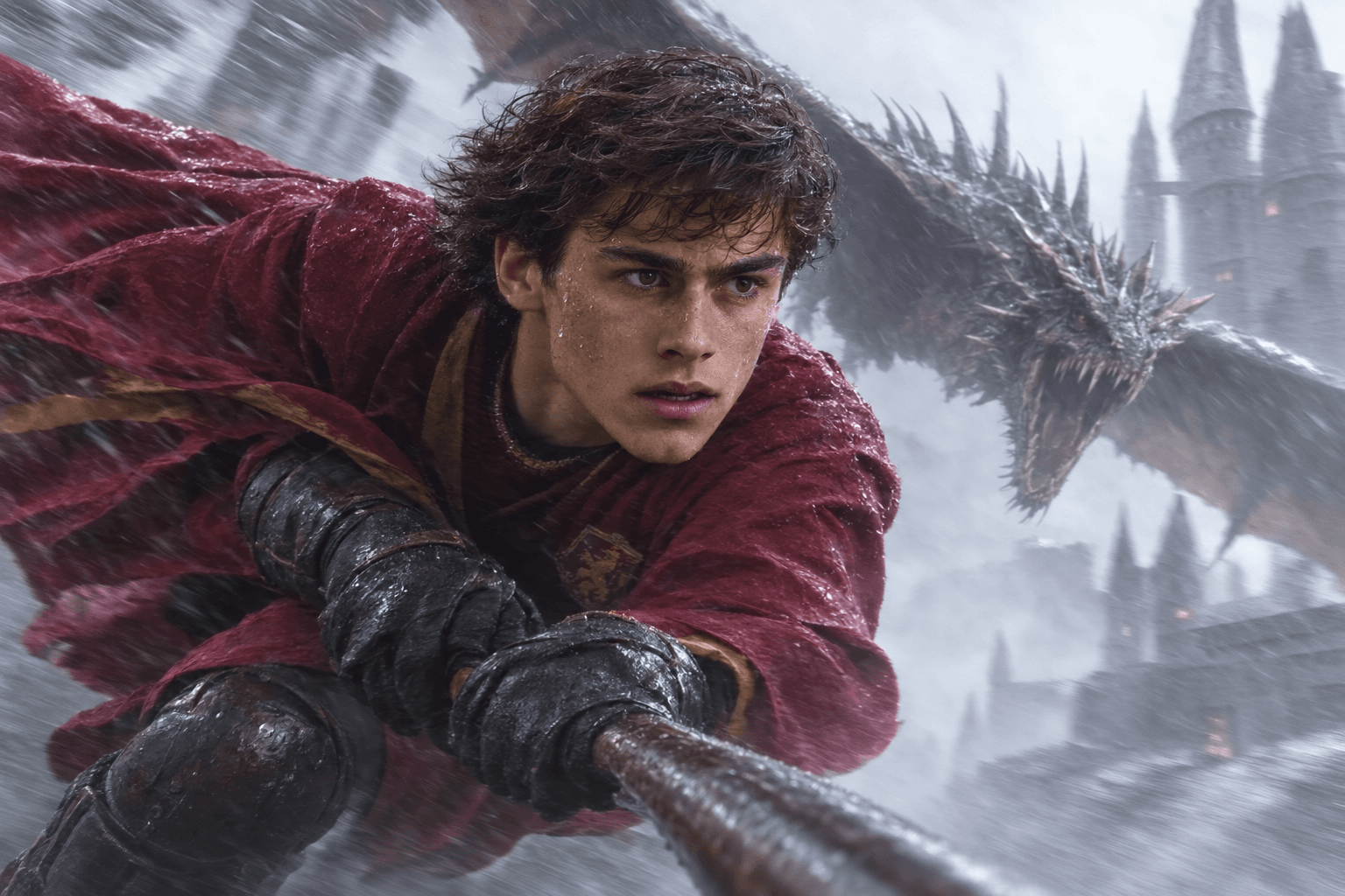 Cinematic Harry Potter Dragon Chase AI Prompt | Photorealistic Wizard Flying Scene | Action Movie Still | Reference Photo Consistency — AI prompt result