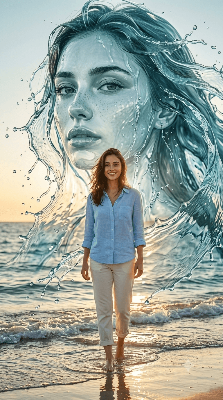 Surreal Ocean Water Sculpture Portrait AI Prompt | Cinematic Sunset Editorial — AI prompt result