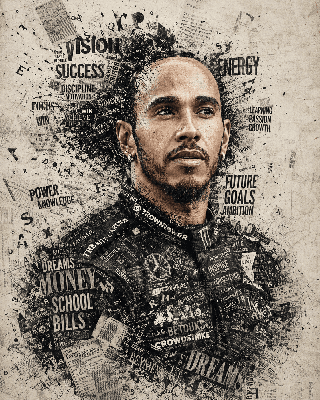 Ultra Realistic Typography Portrait Prompt | Newspaper Collage Mixed Media AI Art | Editorial Black & White Poster | Midjourney, FLUX & ChatGPT — AI prompt result
