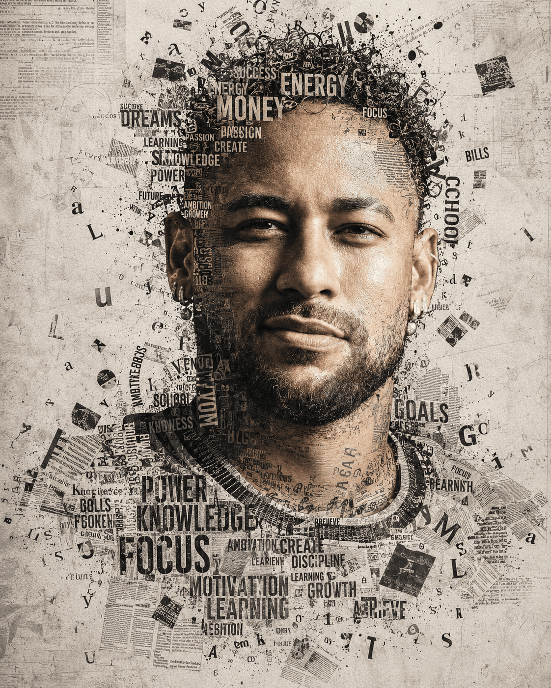 AI Typography Portrait Prompt | Newspaper Collage Mixed Media Black & White Editorial Poster | Midjourney, FLUX, SDXL, ChatGPT Image — AI prompt result